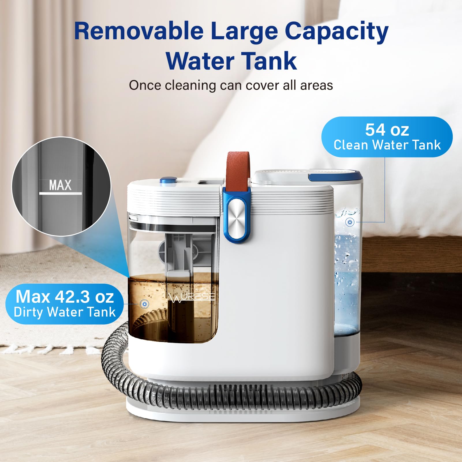 Wurese Portable Carpet Cleaner Machine, Carpet Shampooer, 15Kpa Upholstery Cleaner With 3 Tools, 54Oz Large Water Tank, 16.4Ft P